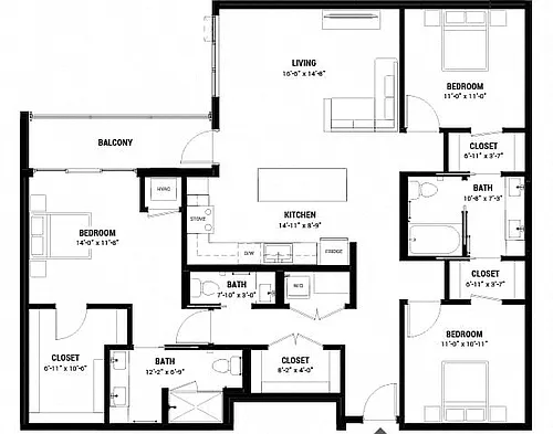 Floor plan Three Bedroom 3-A