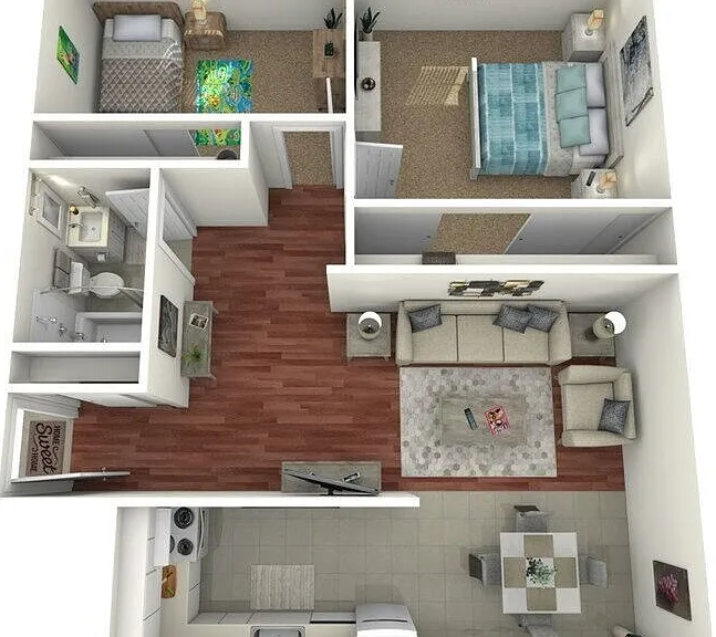 Two Bedrooms One Bathroom (B2) Floorplan Diagram