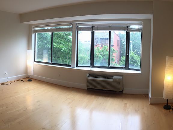 Living room looking out to tree-lined residential street on 3rd floor.