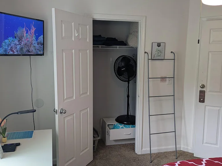 Bedroom area with wall-mounted TV, closet storage, and carpeted floors near the entry for easy everyday access.