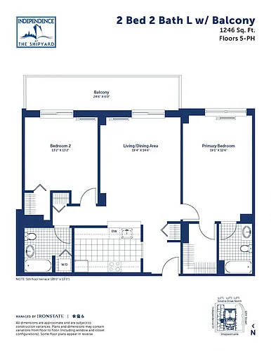 Floor plan 2 Bed 2 Bath L With Balcony