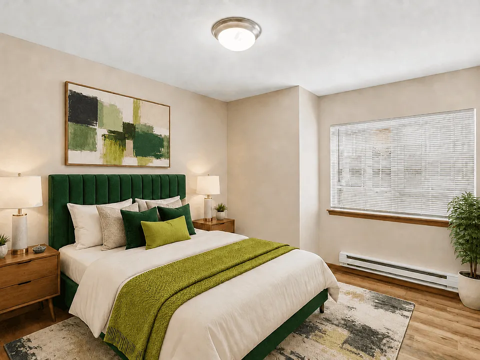 A comfortable bedroom with natural light and room for a complete furniture arrangement.
