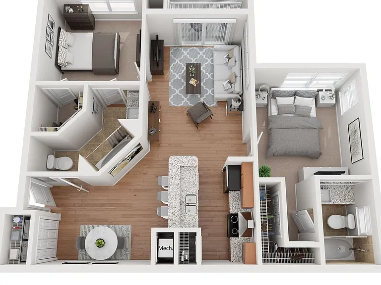 A 3D floor plan rendering of The Gardenia.