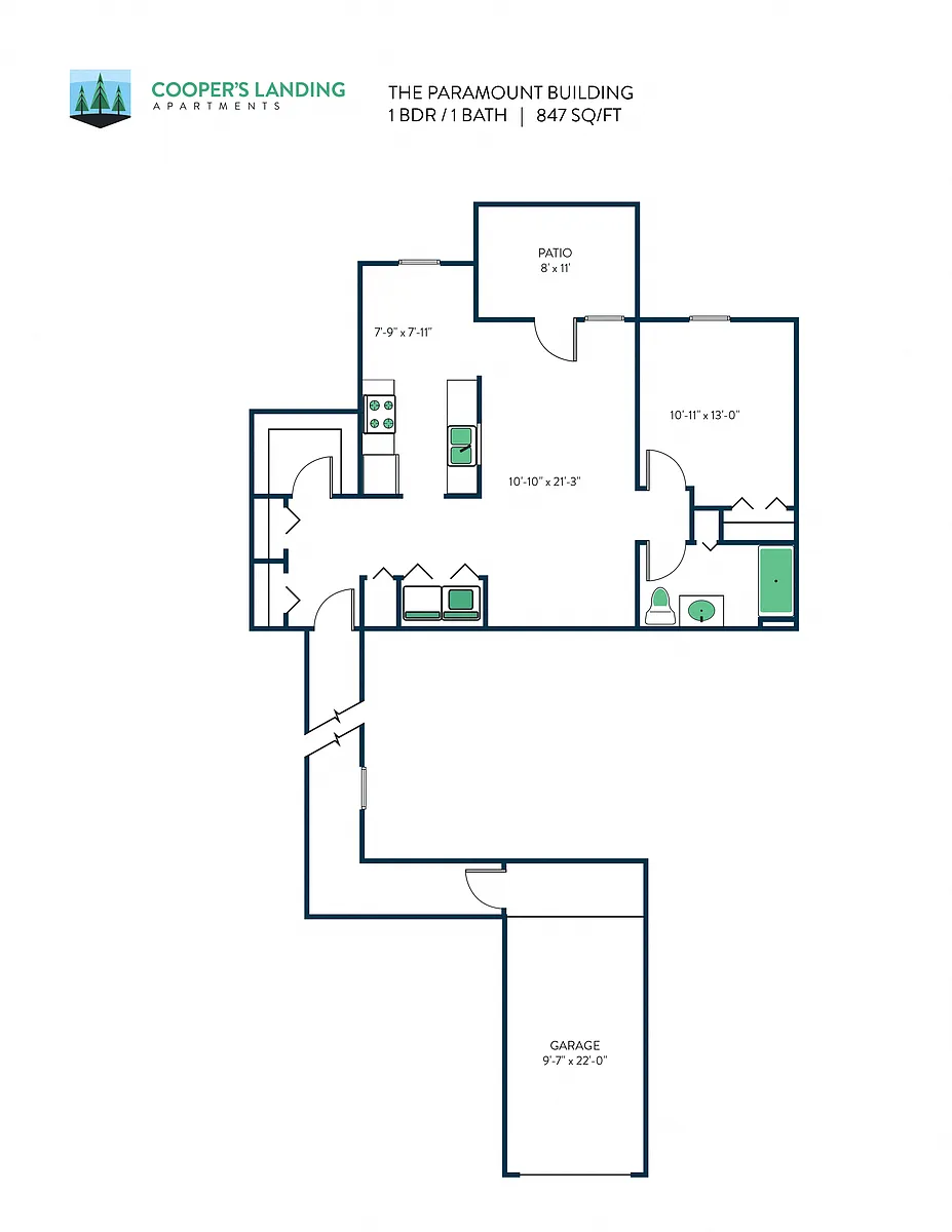 Floor plan 1 Bed, 1 Bath - 847 sq ft