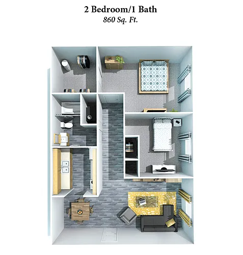 Floor plan 2 Bed, 1 Bath 860SqFt