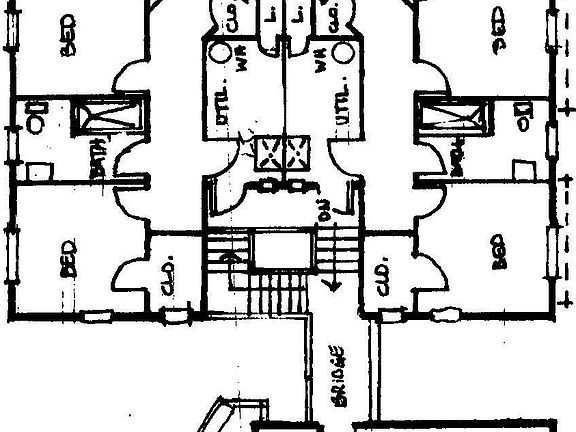 Floor plan at second floor depicting Carriage House deck and adjacent main house connected by bridge