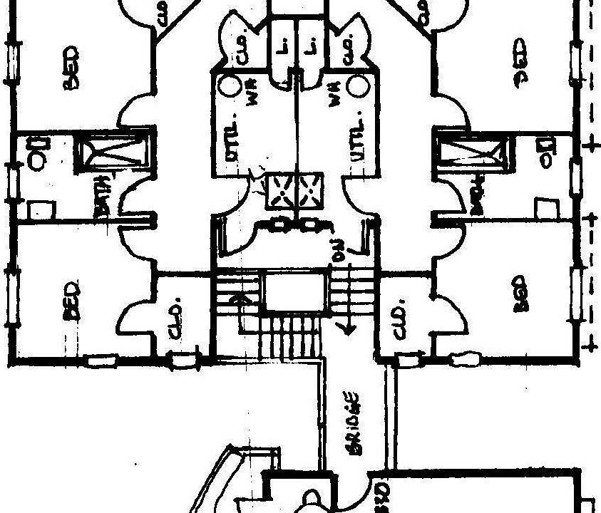 Floor plan at second floor depicting Carriage House deck and adjacent main house connected by bridge
