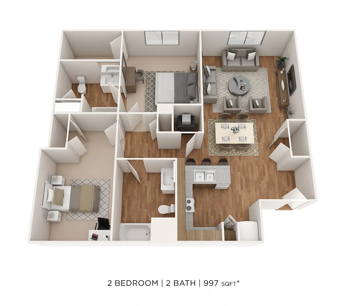 Floor plan Two Bedroom 2 Bath- 997 sqft
