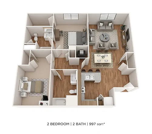 Floor plan Two Bedroom 2 Bath- 997 sqft