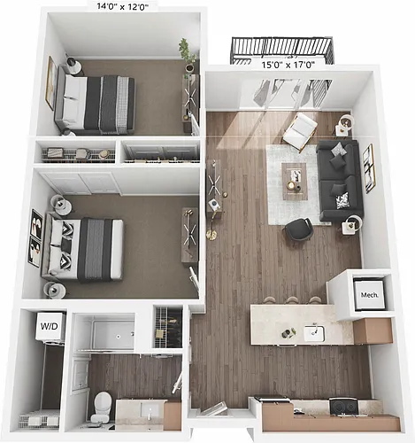 Floor plan 2 Bed 1 Bath - 2G