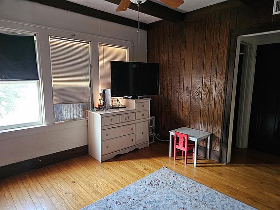 Family room with 100 year old wood floors