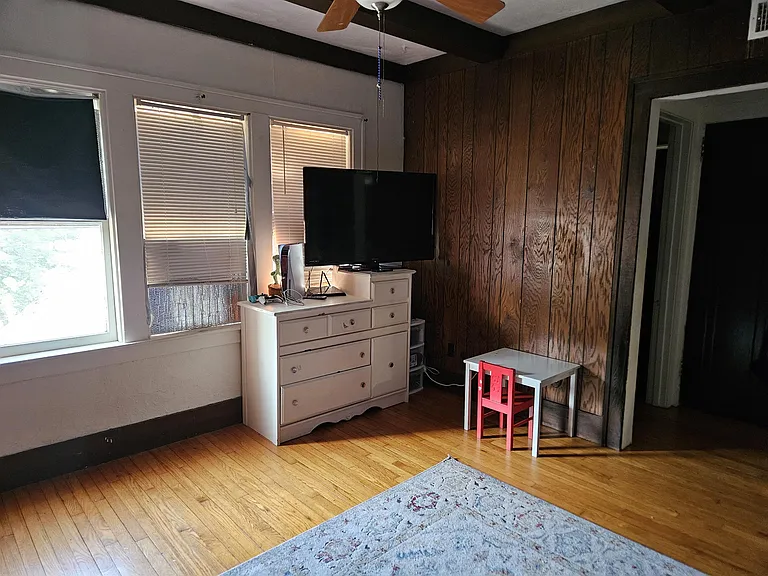 Family room with 100 year old wood floors