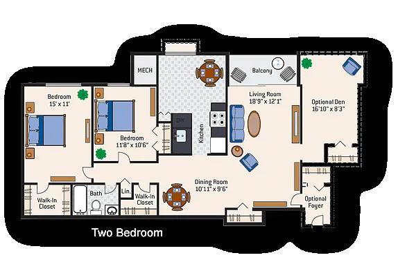 Floor plan 2 Bedroom 1 Bath + Den