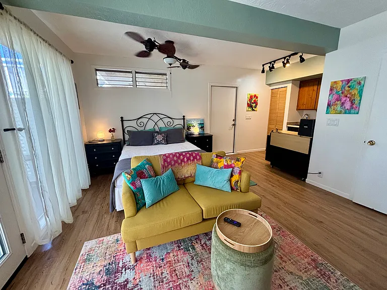 Private indoor studio living area and kitchenett.