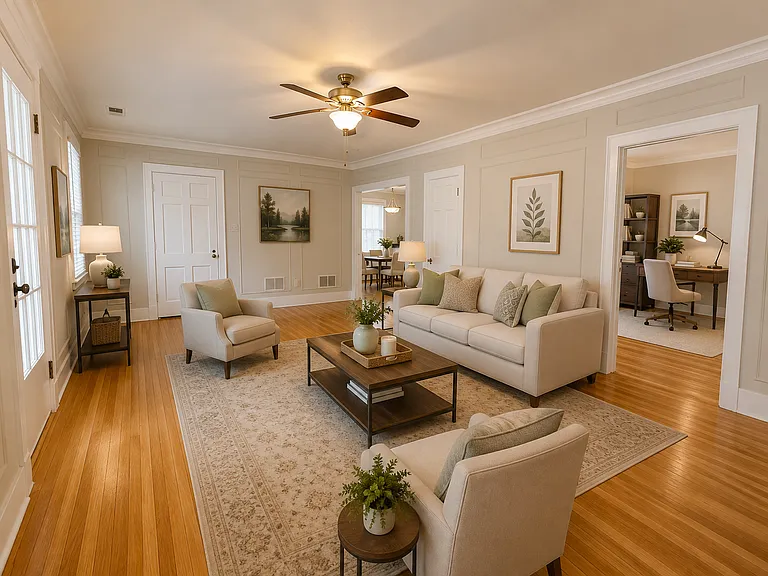 Living room other angle. Open to dining room in the far right