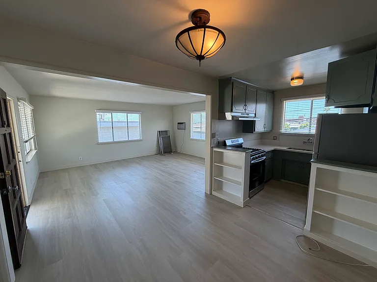 kitchen, dining area and living room