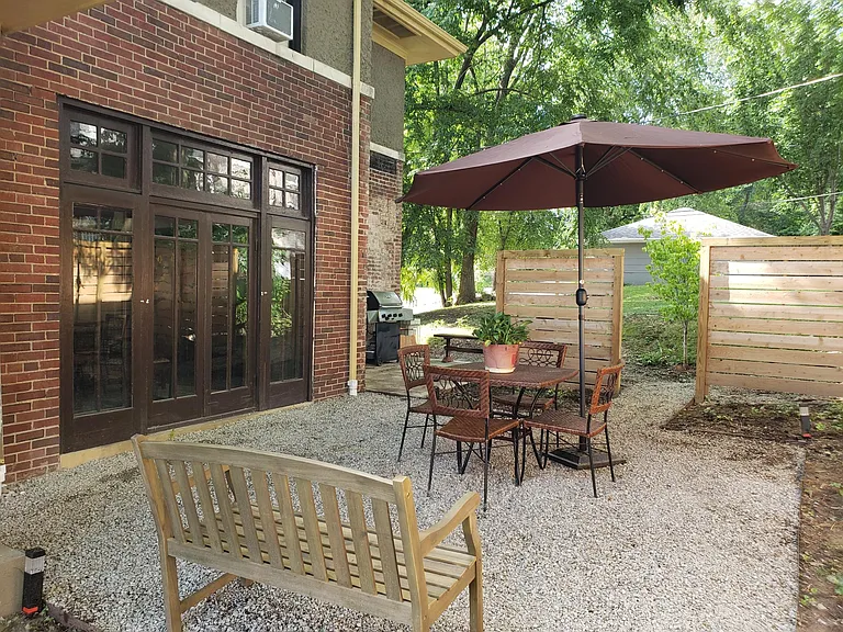 Garden Patio with propane grill and solar umbrella