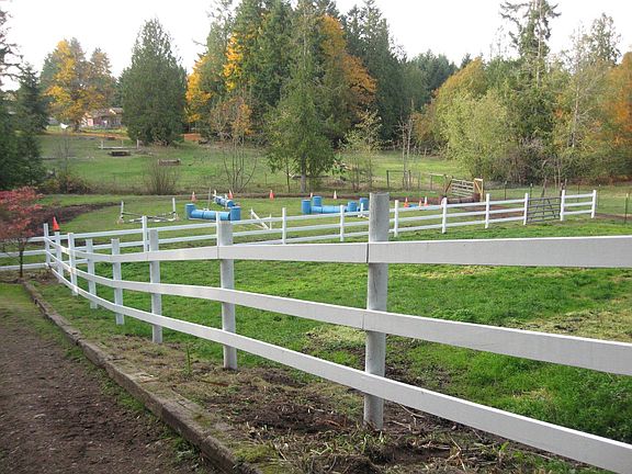 Grassy paddocks with white board fencing