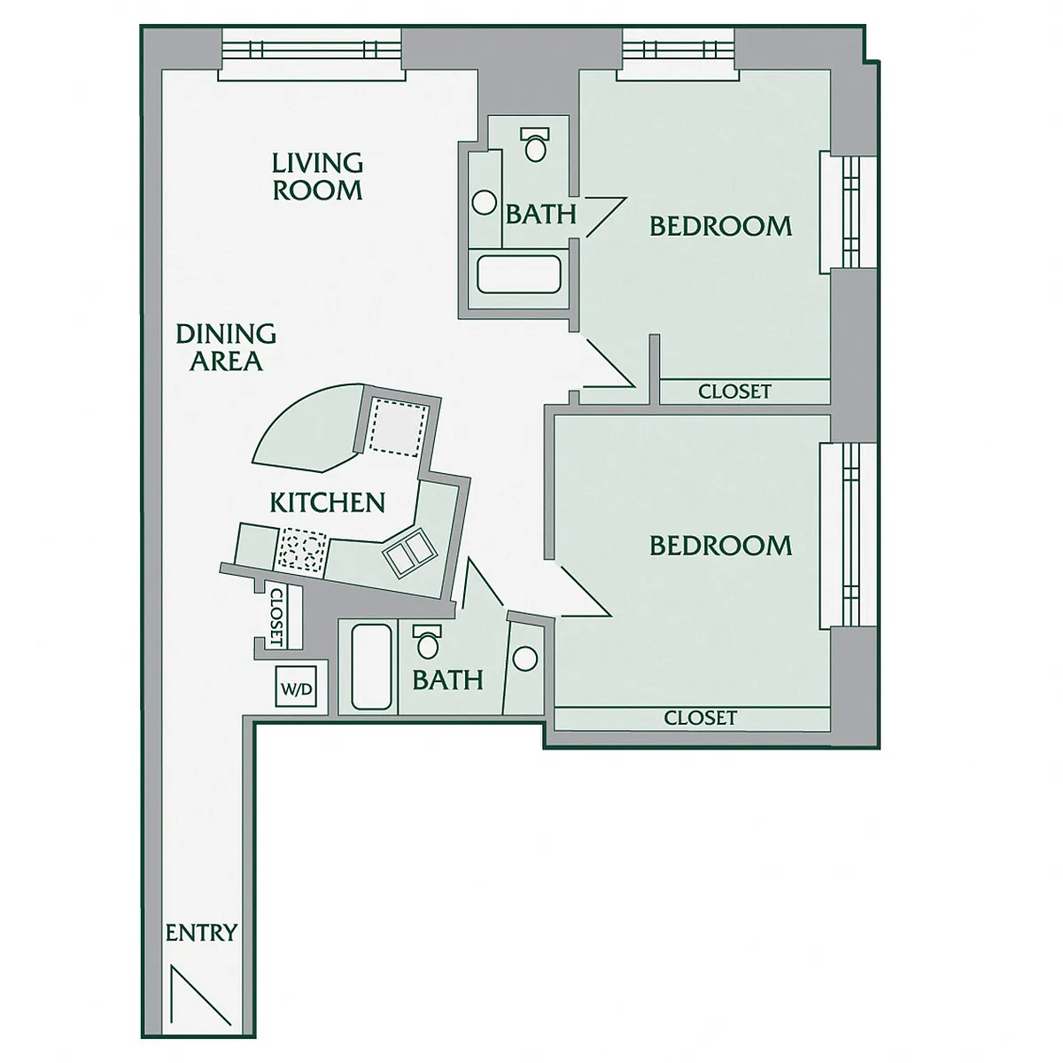 Floor plan 2 Bedroom, 2 Bathroom - 1020 SF
