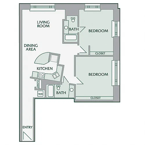Floor plan 2 Bedroom, 2 Bathroom - 1020 SF