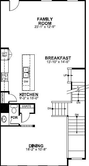 Main Floor - Property plan is mirror image of this plan (or pic) - Stairs will be on the left; Kitchen, powder room, closet will be on the right; Entrance to balcony from family room on the right
