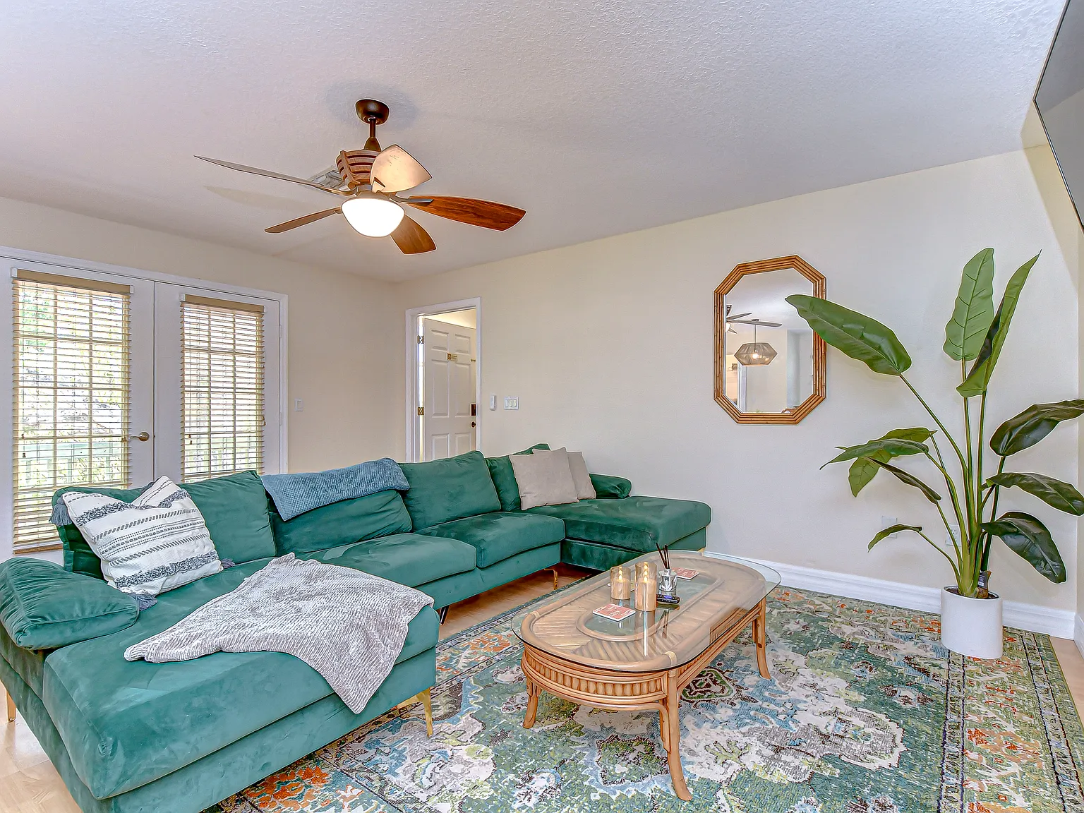 Our most spacious apartment is upstairs and comes fully furnished with everything you need for your stay