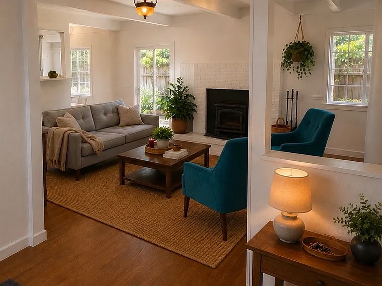 Living room looks out onto back yard