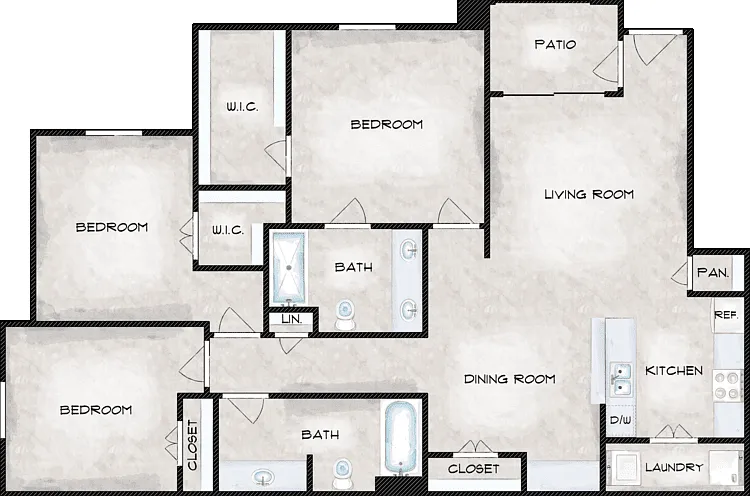 3 Bed 2 Bath Floorplan Diagram