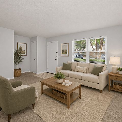 Large living area with flexible furniture placement and abundant natural light.