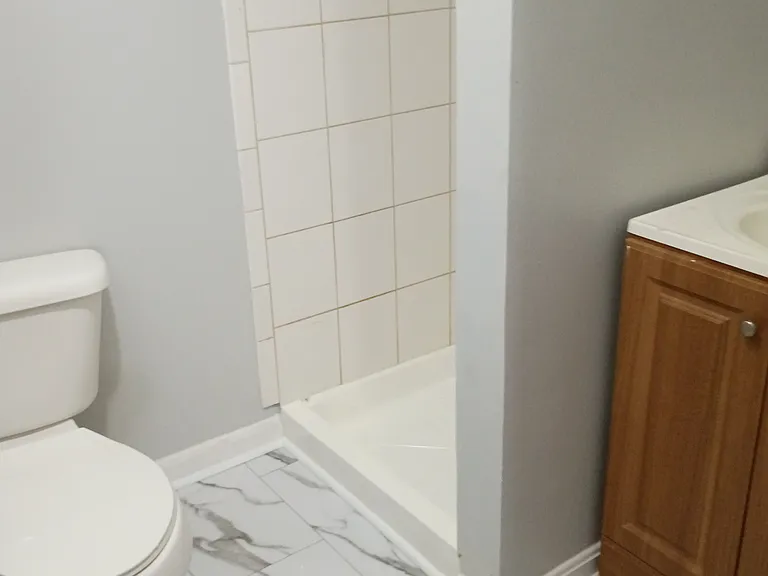 Lower-level three-piece bath with shower