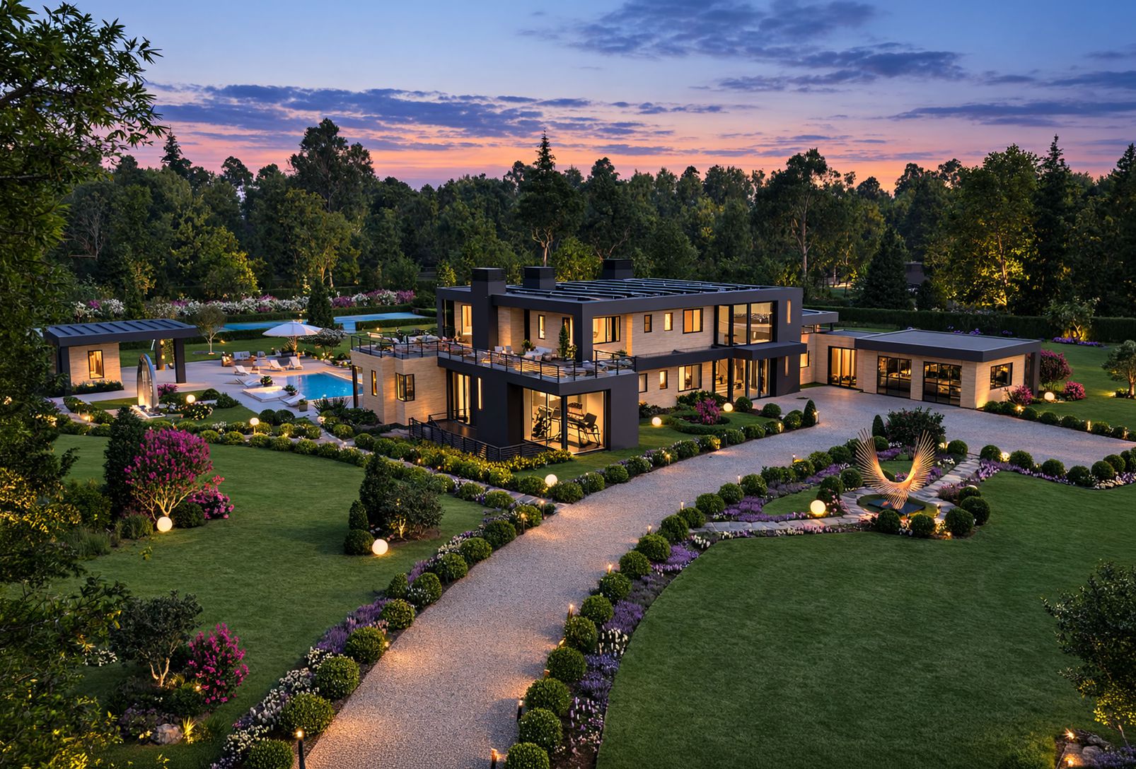 At dusk, the residence glows softly within its expansive grounds,
