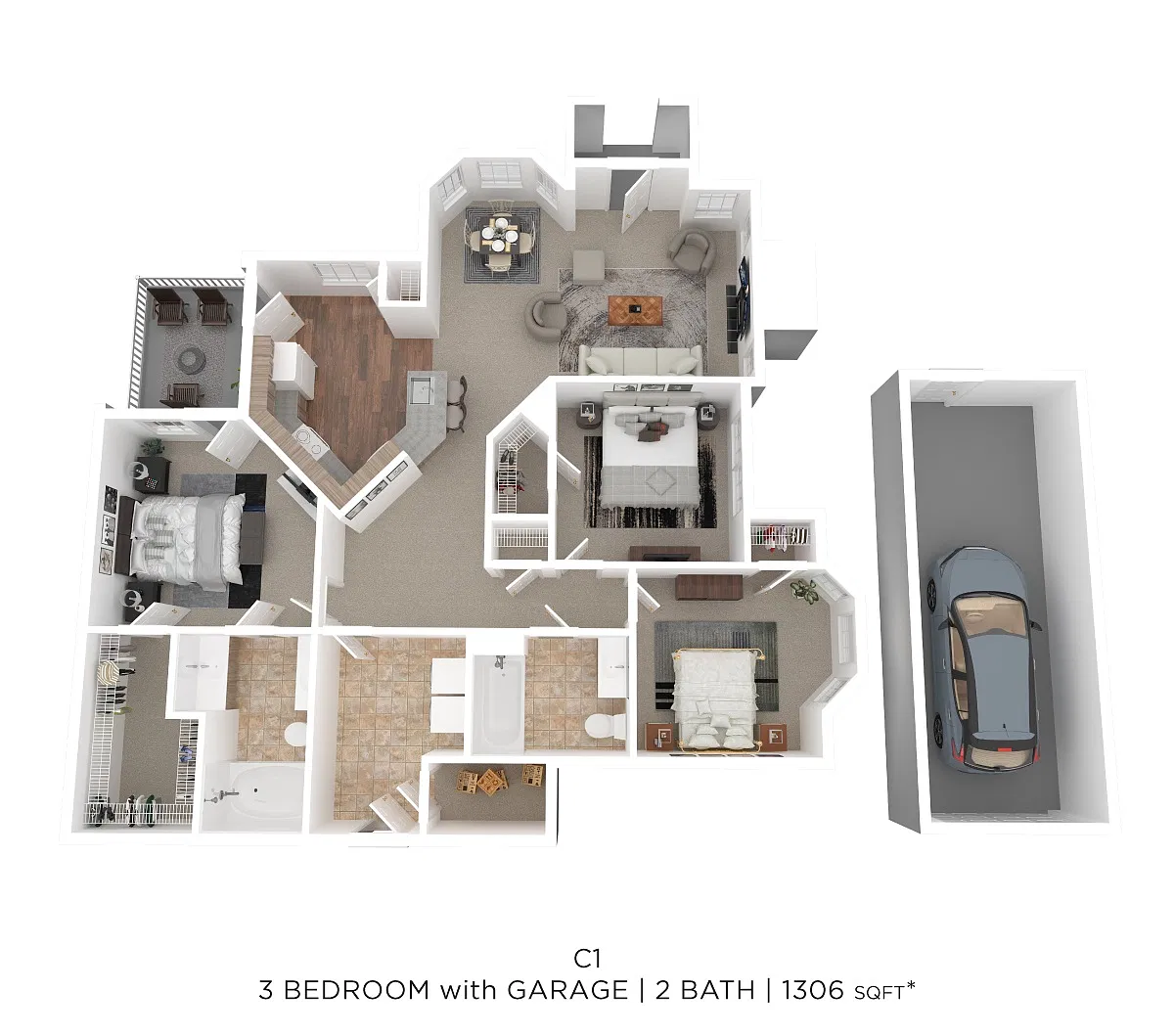 Floor plan Three Bed Two Bath w/Garage 1306 SqFt