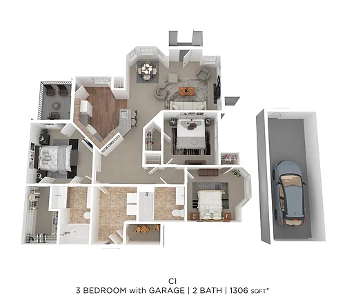 Floor plan Three Bed Two Bath w/Garage 1306 SqFt