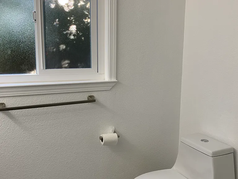 Primary bathroom with a water-efficient one-piece toilet