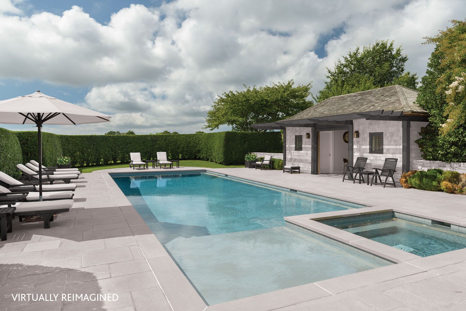  View of the pool area at 6 Dannielles Way, Bridgehampton, NY (virtually re-imagined)