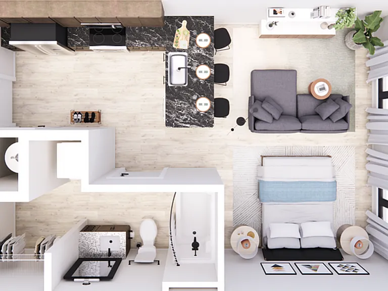 Explore this chic studio design that maximizes space and comfort. Explore this chic studio design that maximizes space and comfort.