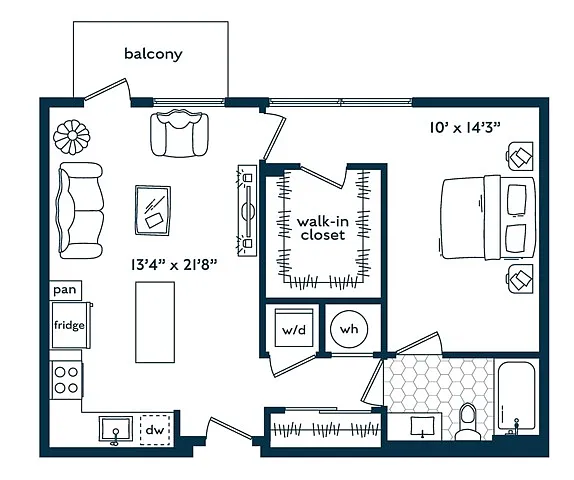 Floor plan One Bedroom One Bath (717 SF)