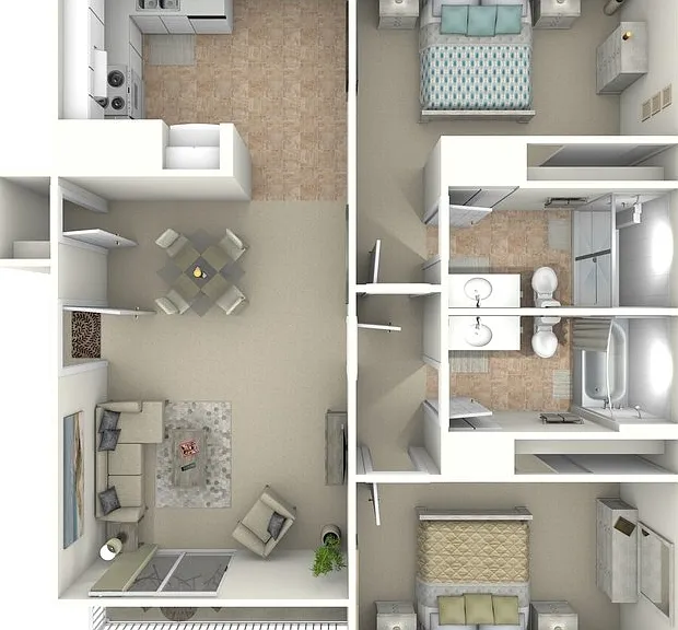 2 Bed 2 Bath Up Floorplan Diagram