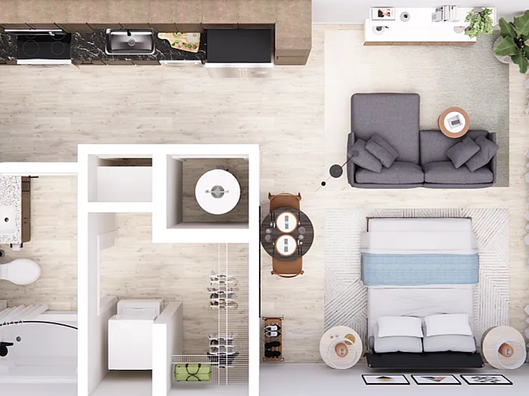 Explore this stylish studio apartment designed for urban living. Explore this stylish studio apartment designed for urban living.