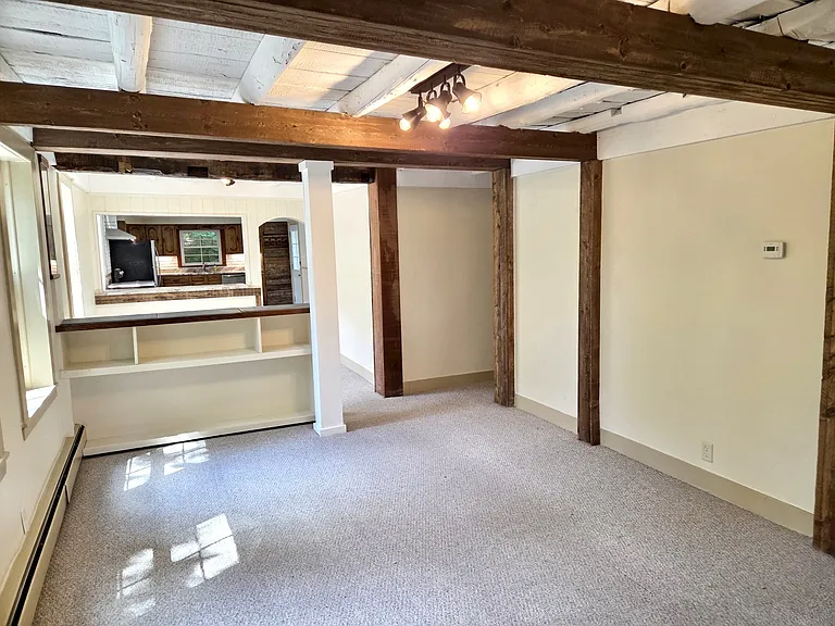 Living area is divided into two rooms by a built-in bookcase. Bathroom is off a hallway to the right.