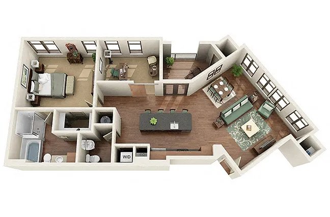 Floor plan Worthington 1 Bedroom 1.5 Bath