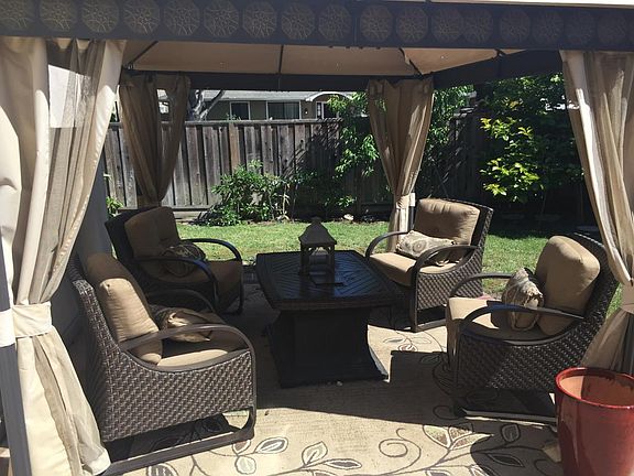 Outdoor canopy area. Grassy backyard with abundant fruit tre