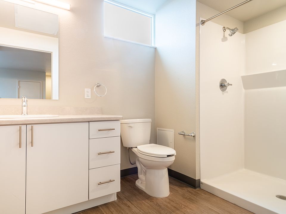 Bright bathroom with walk-in shower.