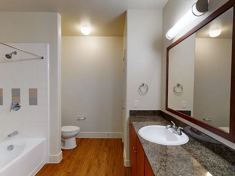 Apartment bathroom with wood-style flooring.
