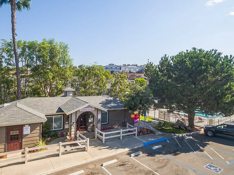 An aerial view of our Leasing Office and property at Meadow Creek Apartments in San Marcos, CA