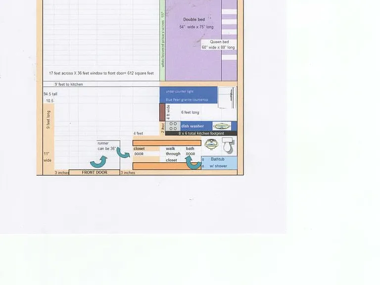 Here is a floor plan with measurements.
This apartment can be rented semi furnished. You are welcome to ask for your own copy of this floor plan.