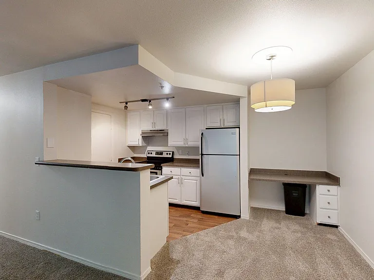 Apartment Kitchen with Granite counter tops and Wood-Style Flooring.