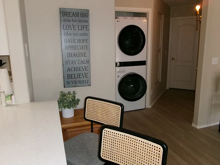 New full sized washer/dryer. New quartz counter for meals. New bar stools.