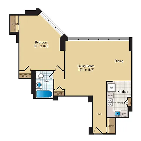 Floor plan 1 Bed - 1 Bath | A03