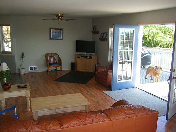 Updated living room with French doors